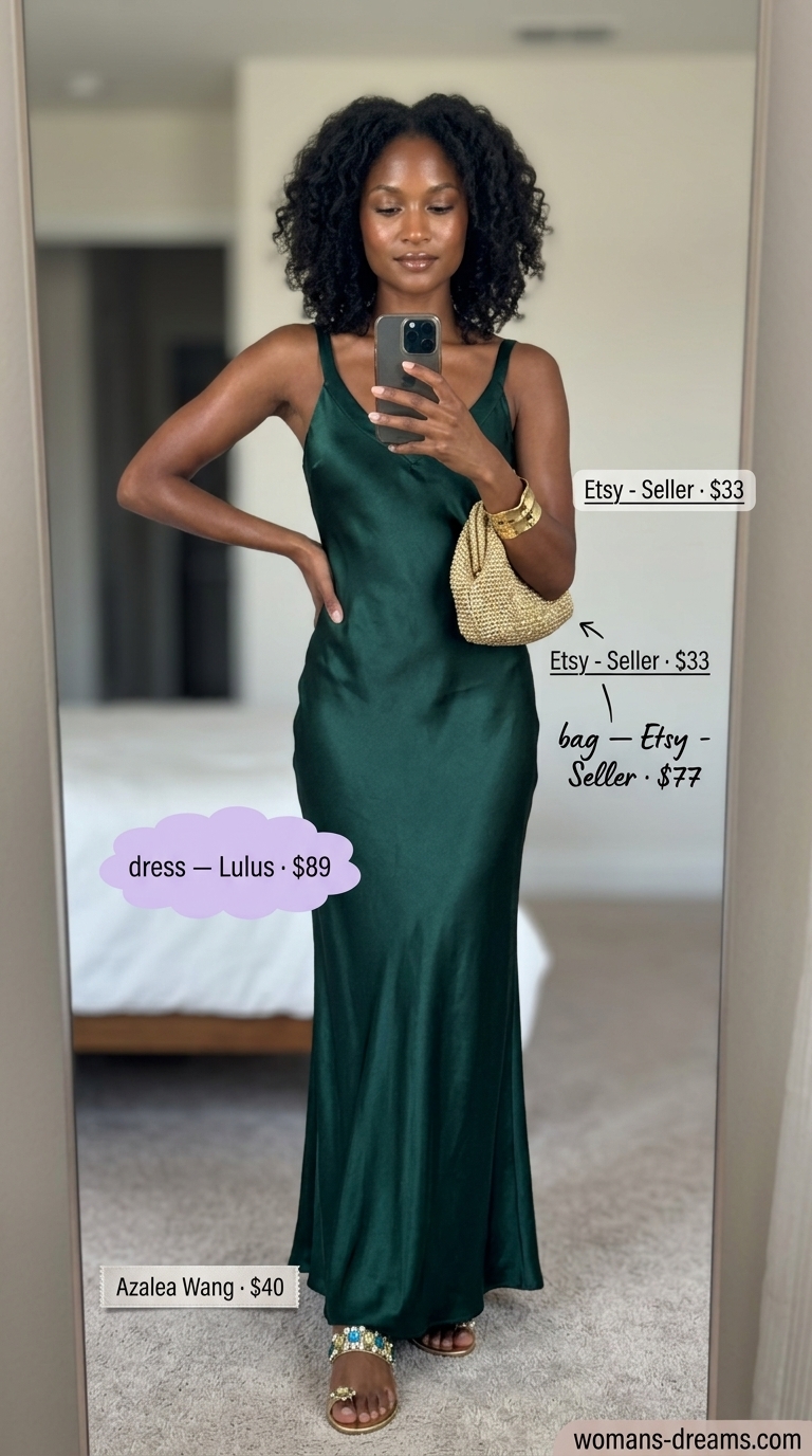 Summer outfits black woman 2026: Deep teal maxi dress, gold cuff, embellished sandals for an elegant evening look.