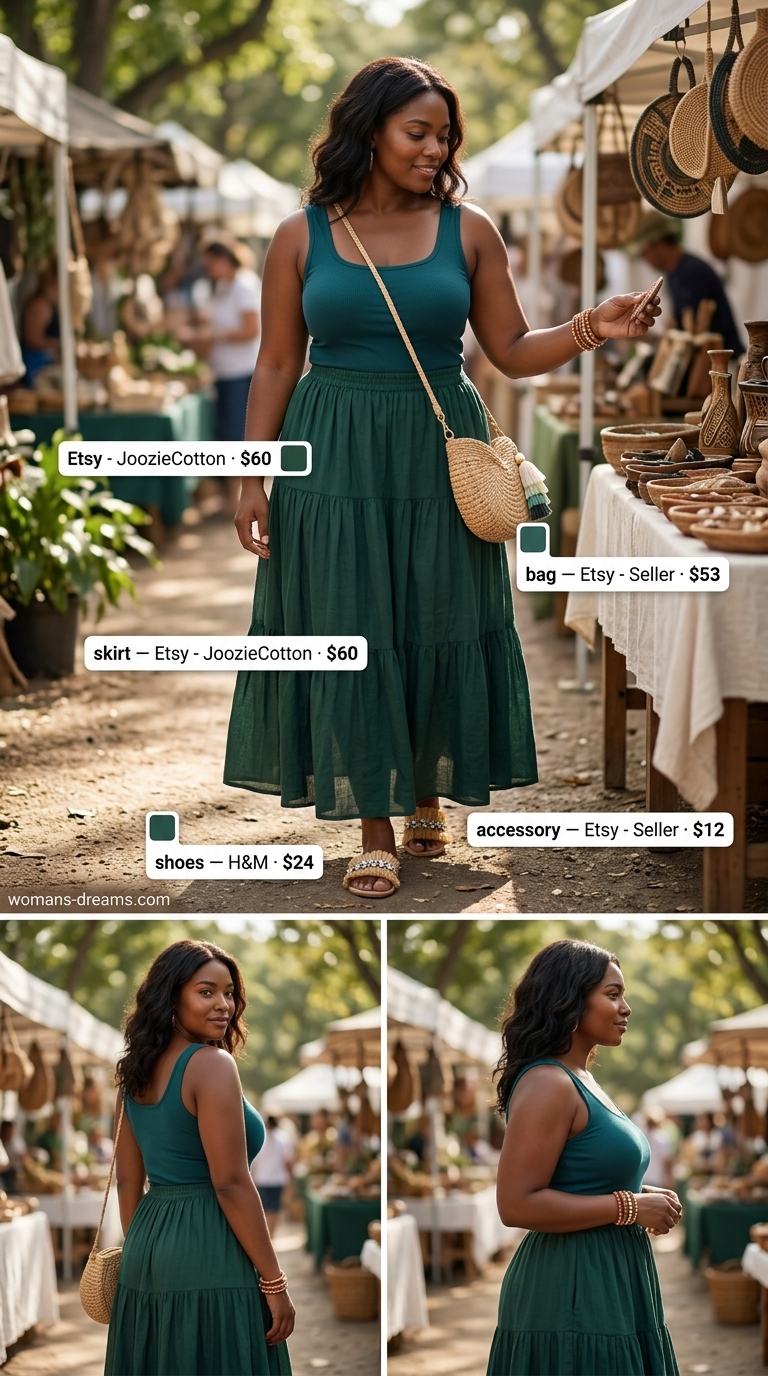 Summer outfits black woman 2026: Terracotta maxi skirt, teal tank, and embellished sandals for an Afro-Bohemian look.