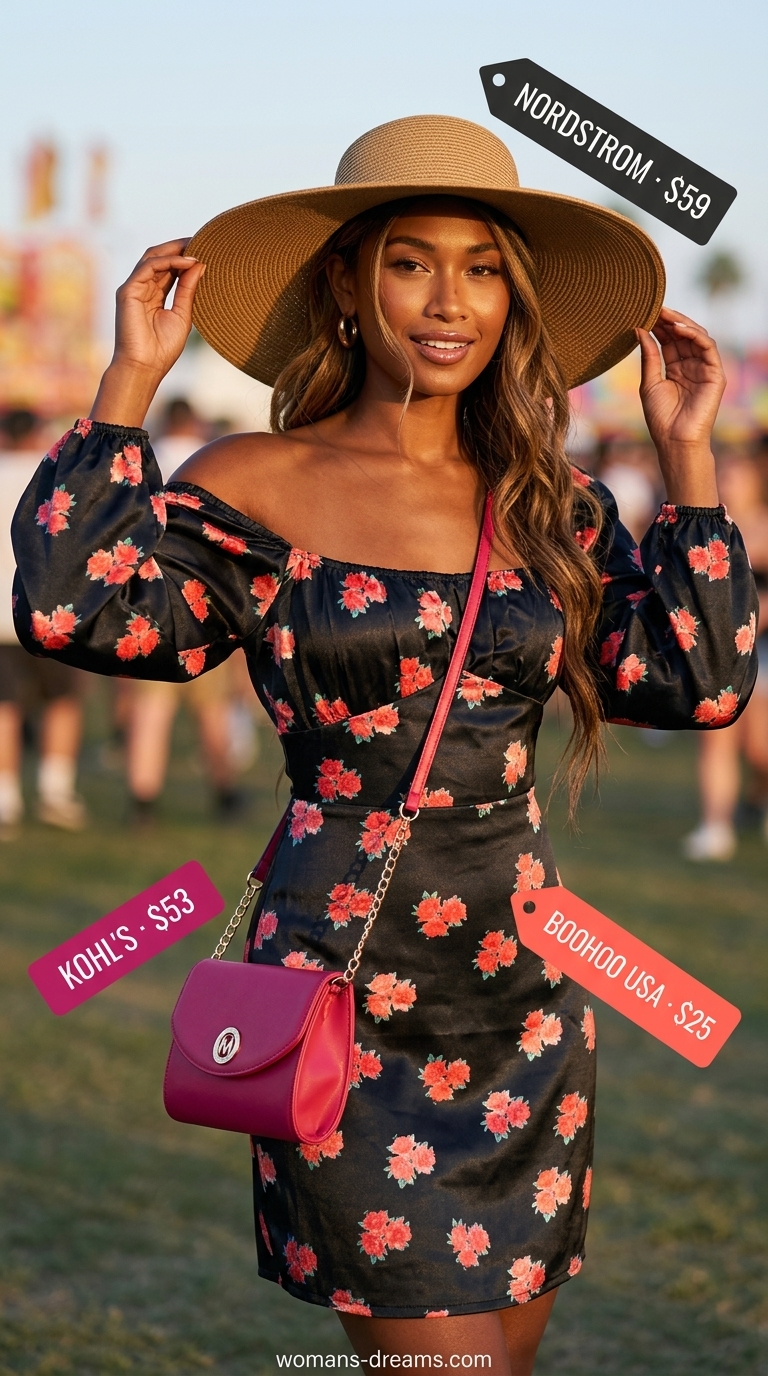 Summer outfits black woman 2026: Floral mini dress, black boots, fuchsia bag for a playful festival look.