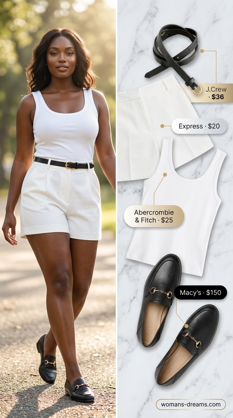 Summer outfits black woman 2026: White tailored shorts, camel linen shirt, and loafers for a chic city brunch.