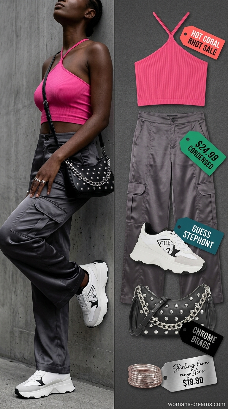 Charcoal satin cargo pants for summer outfits black woman 2026, styled with electric pink crop top and chunky sneakers for elevated street style.
