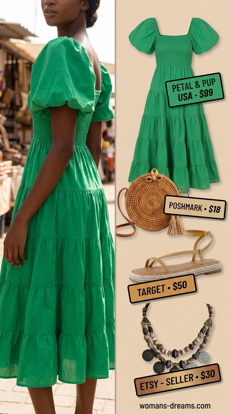 Emerald green tiered midi dress for summer outfits black woman 2026, paired with espadrilles and straw bag for brunch.