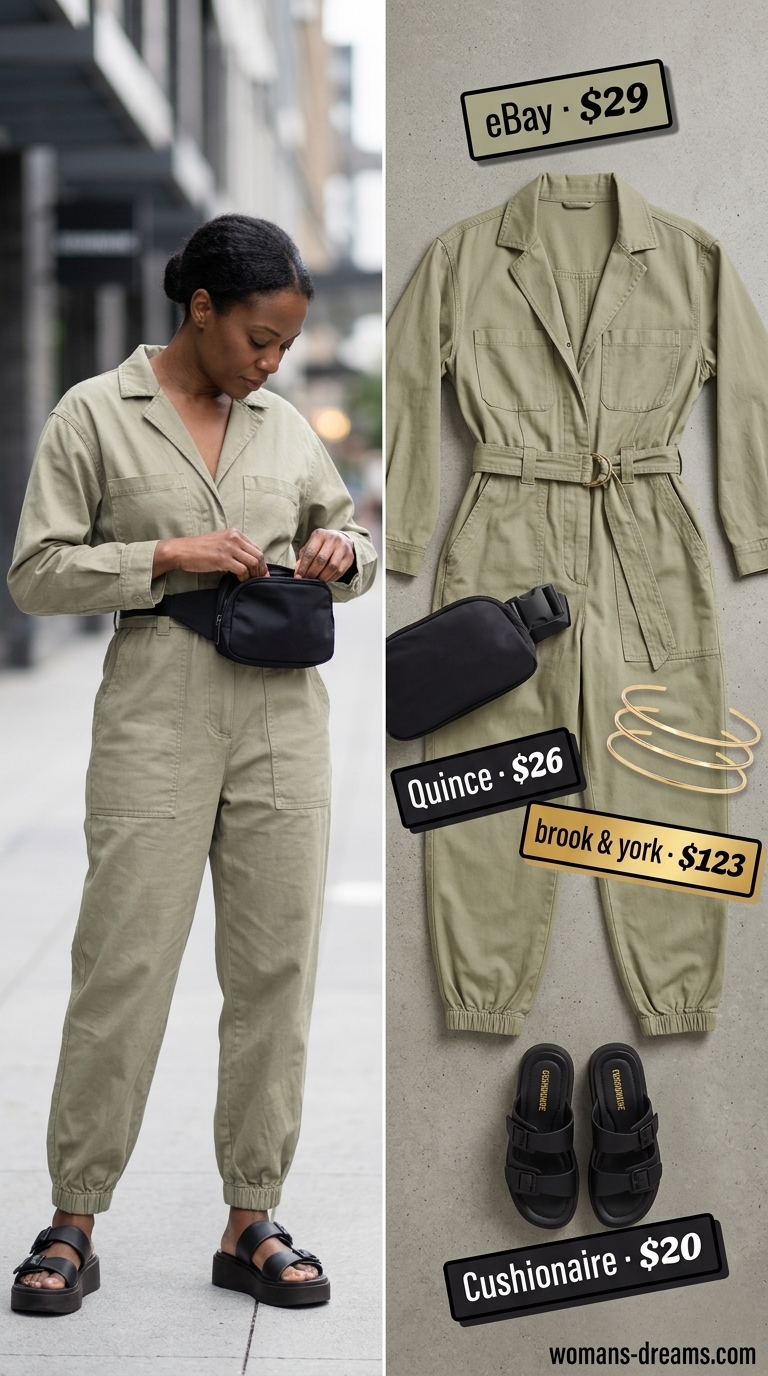 Khaki utility jumpsuit for summer outfits black woman 2026, styled with chunky sandals and belt bag for urban chic.