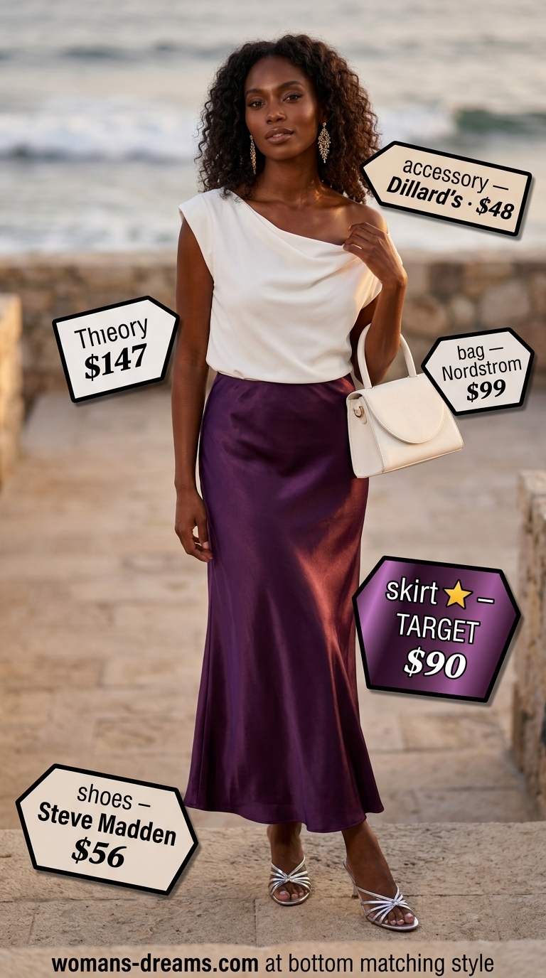 Deep purple satin maxi skirt for summer outfits black woman 2026, paired with ivory top and silver statement earrings for an elegant evening.