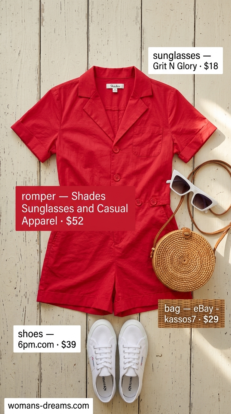 Retro cherry red romper for summer outfits black woman 2026, paired with white sneakers and wicker bag for a pool party.
