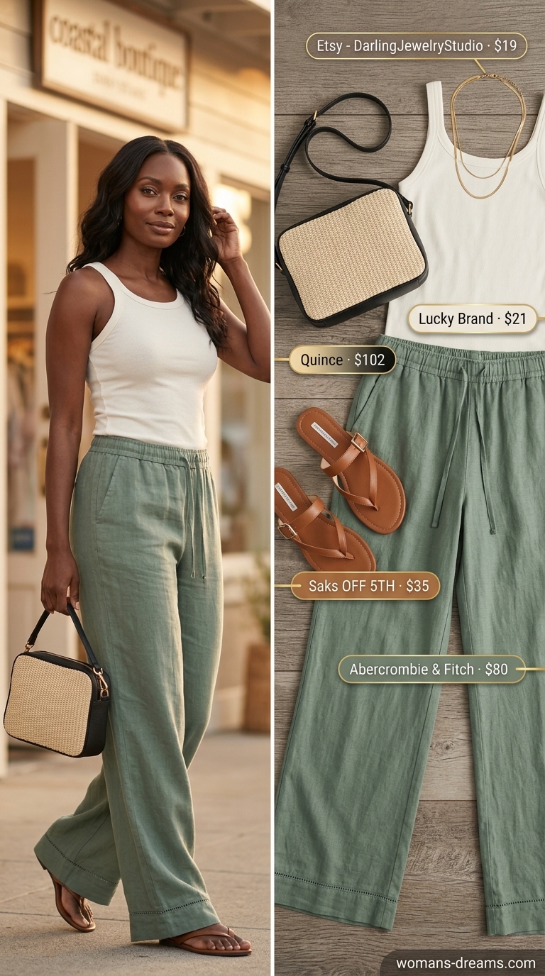 Sage green linen pants for summer outfits black woman 2026, styled with cream tank and gold jewelry for a relaxed evening.