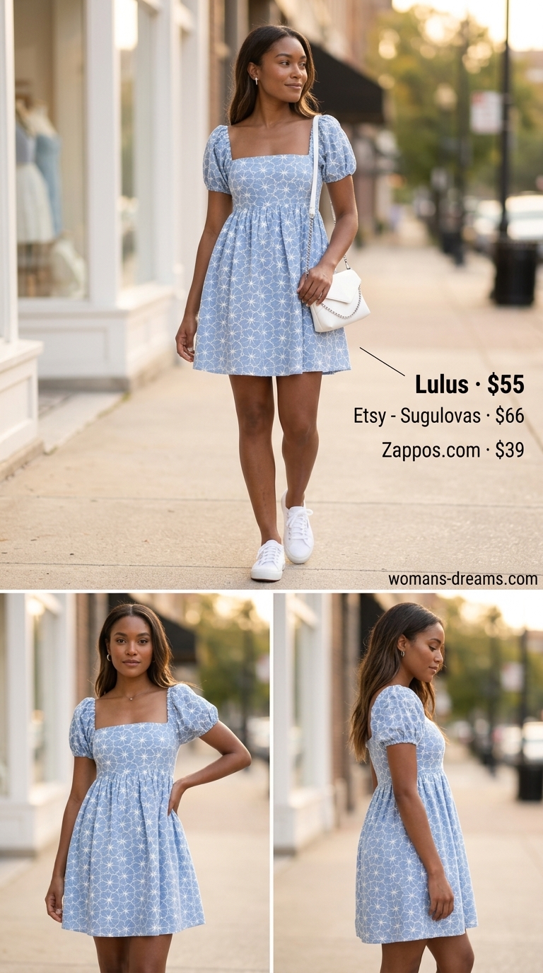 Sky blue babydoll mini dress for summer outfits black woman 2026, paired with white sneakers and silver earrings for a sunny day out.