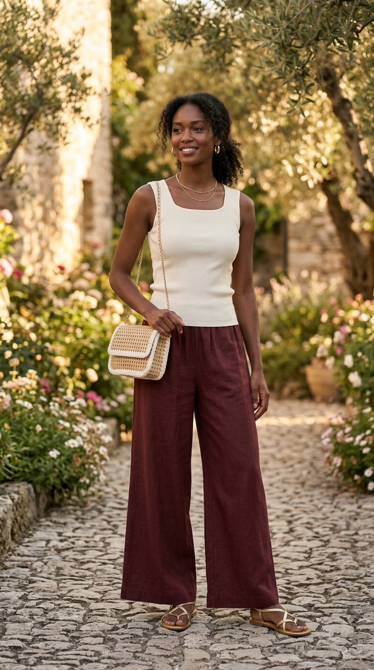 Terracotta linen pants for summer outfits black woman 2026, paired with cream top and gold hoops for a sophisticated evening.