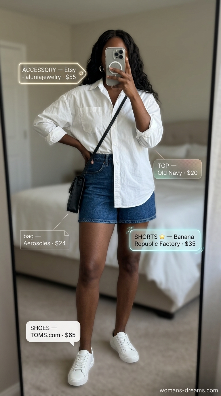 White button-down shirt and denim shorts for summer outfits black woman 2026, styled with white sneakers and silver hoops.