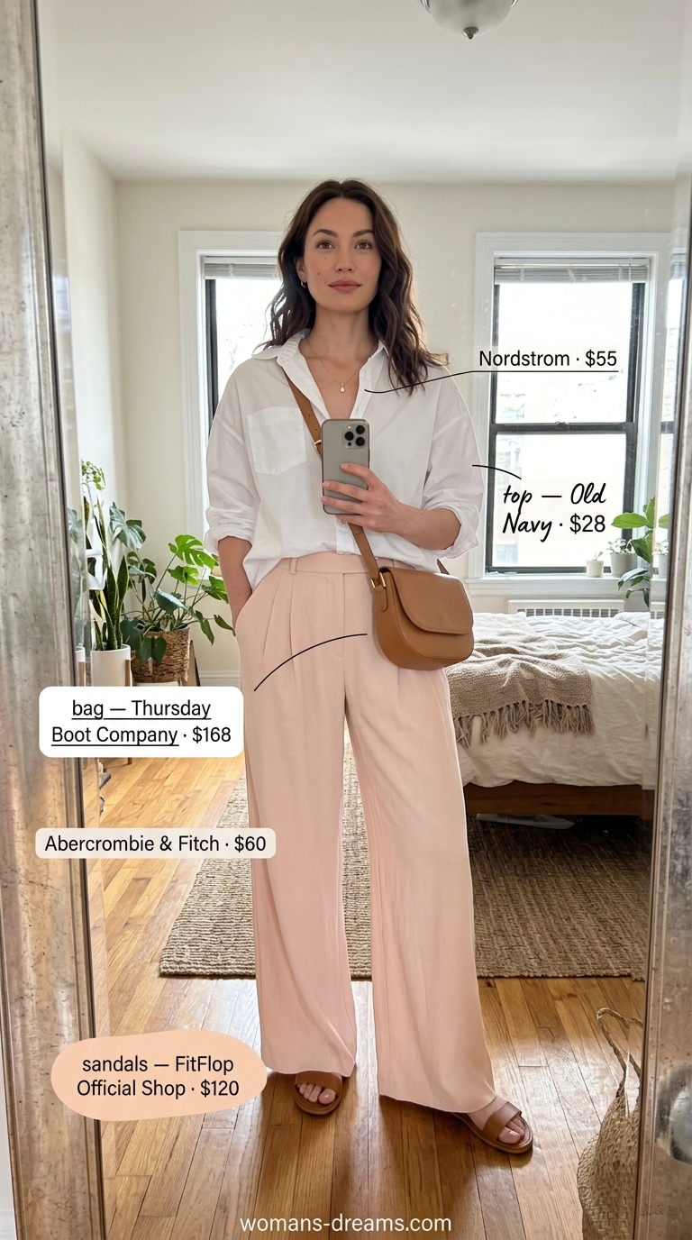 Summer outfits with espadrille sandals for women 2026: Blush wide-leg pants, white shirt, tan crossbody bag.