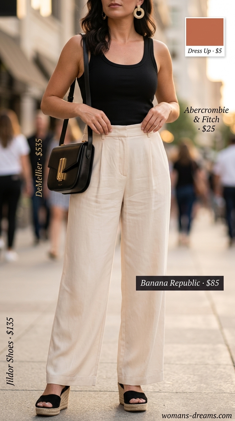 Summer outfits with espadrille sandals for women 2026: Cream wide-leg pants, black tank, wedge espadrilles.