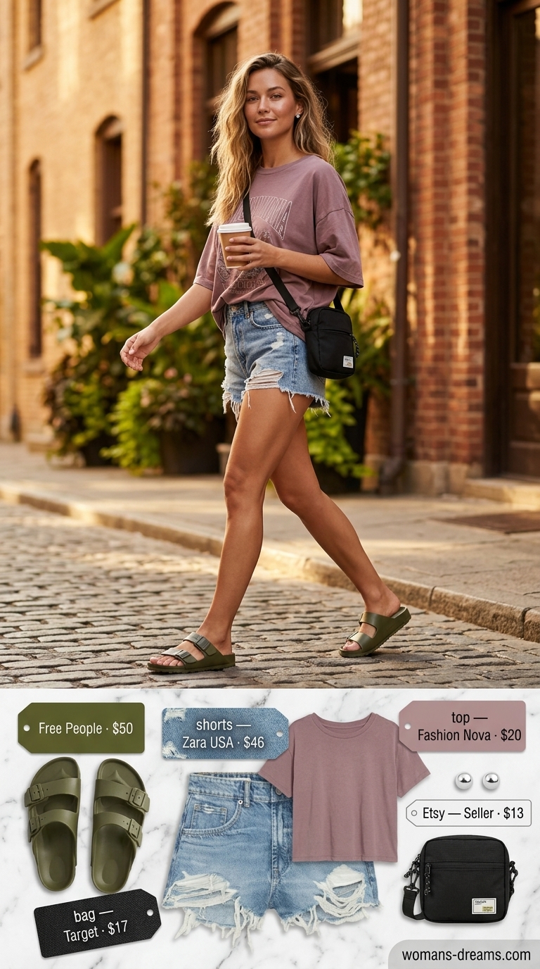 Summer outfits with espadrille sandals for women 2026: Denim shorts, graphic tee, canvas crossbody bag.