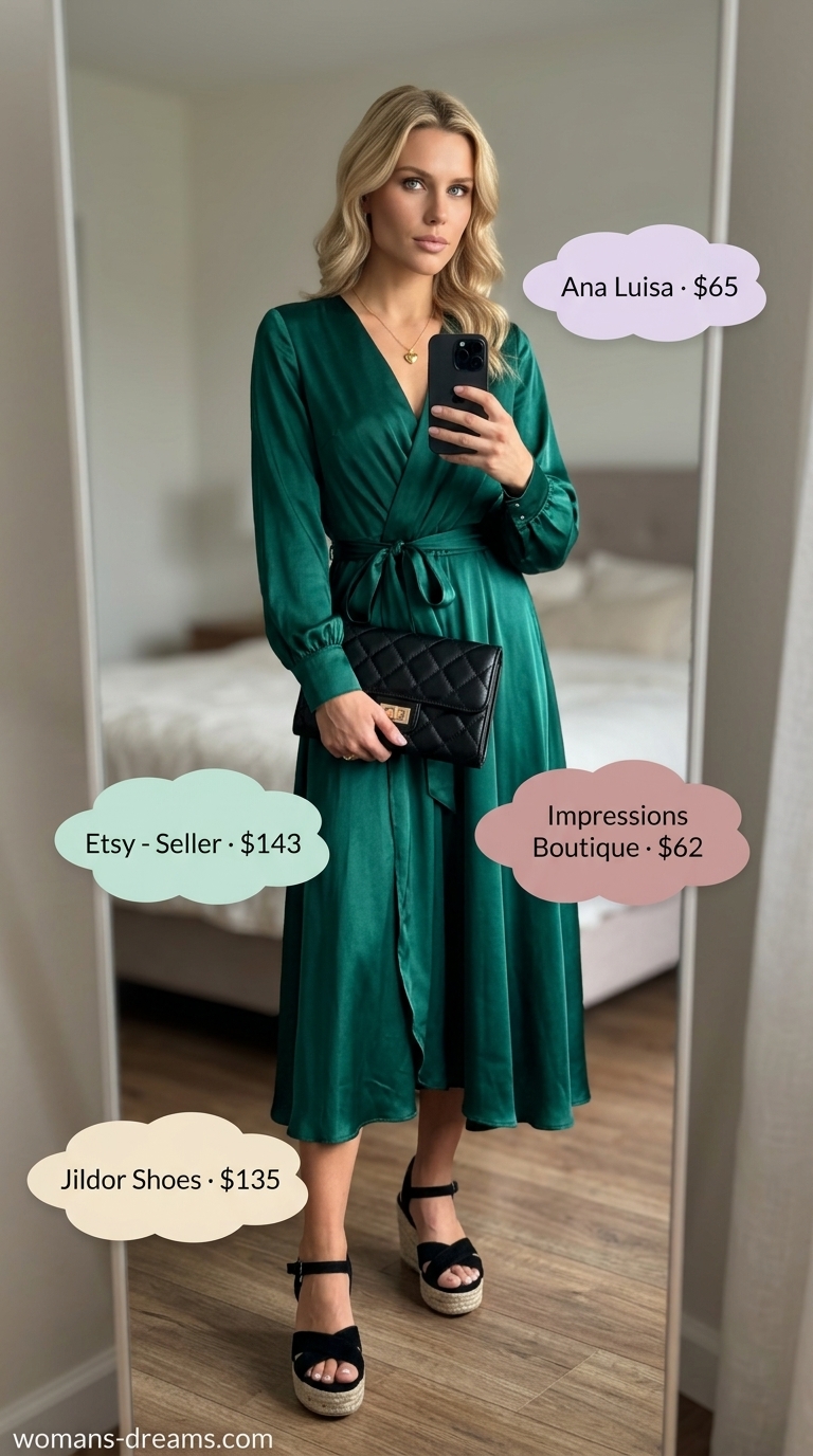Summer outfits with espadrille sandals for women 2026: Emerald wrap dress, block heel espadrilles, gold necklace.