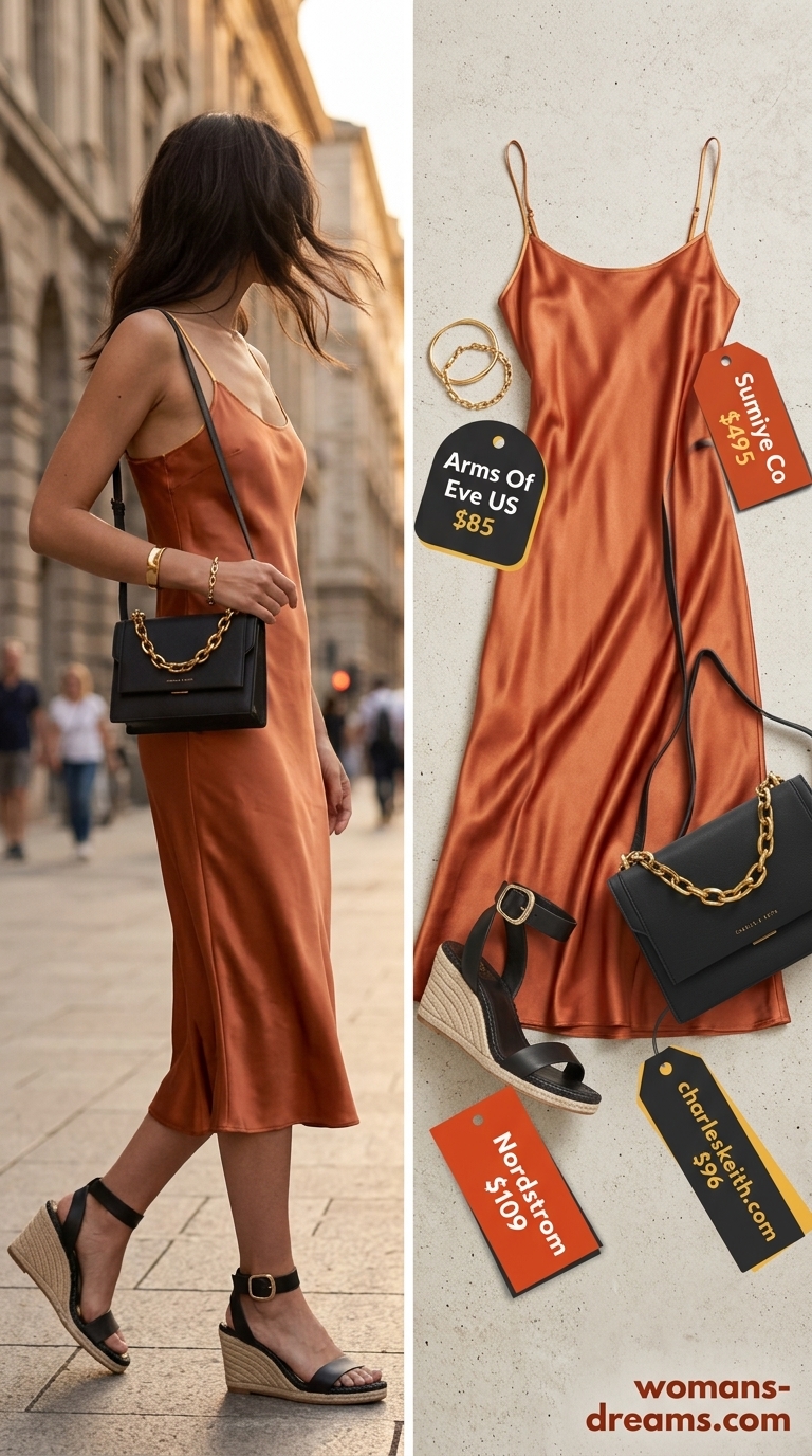 Sophisticated evening outfit: terracotta slip dress, black espadrille wedges, gold cuff, and crossbody for women 2026.