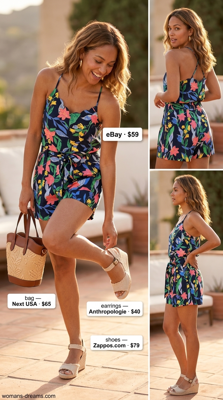 Vibrant vacation co-ord: floral print crop top and shorts, espadrille wedges, and raffia crossbody for women 2026.