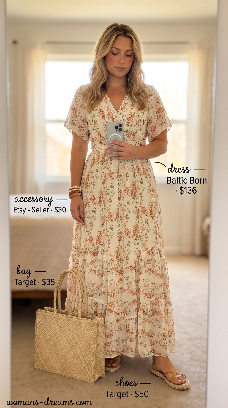 Summer outfits with espadrille sandals for women 2026: Floral maxi dress, straw tote, layered bracelets.