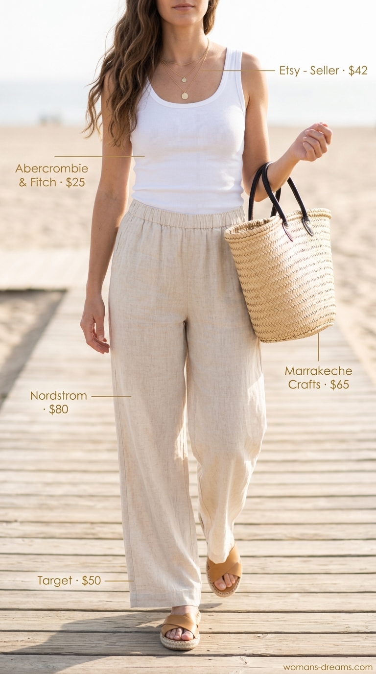 Summer outfits with espadrille sandals for women 2026: Linen pants, white tank, straw tote, gold necklaces.