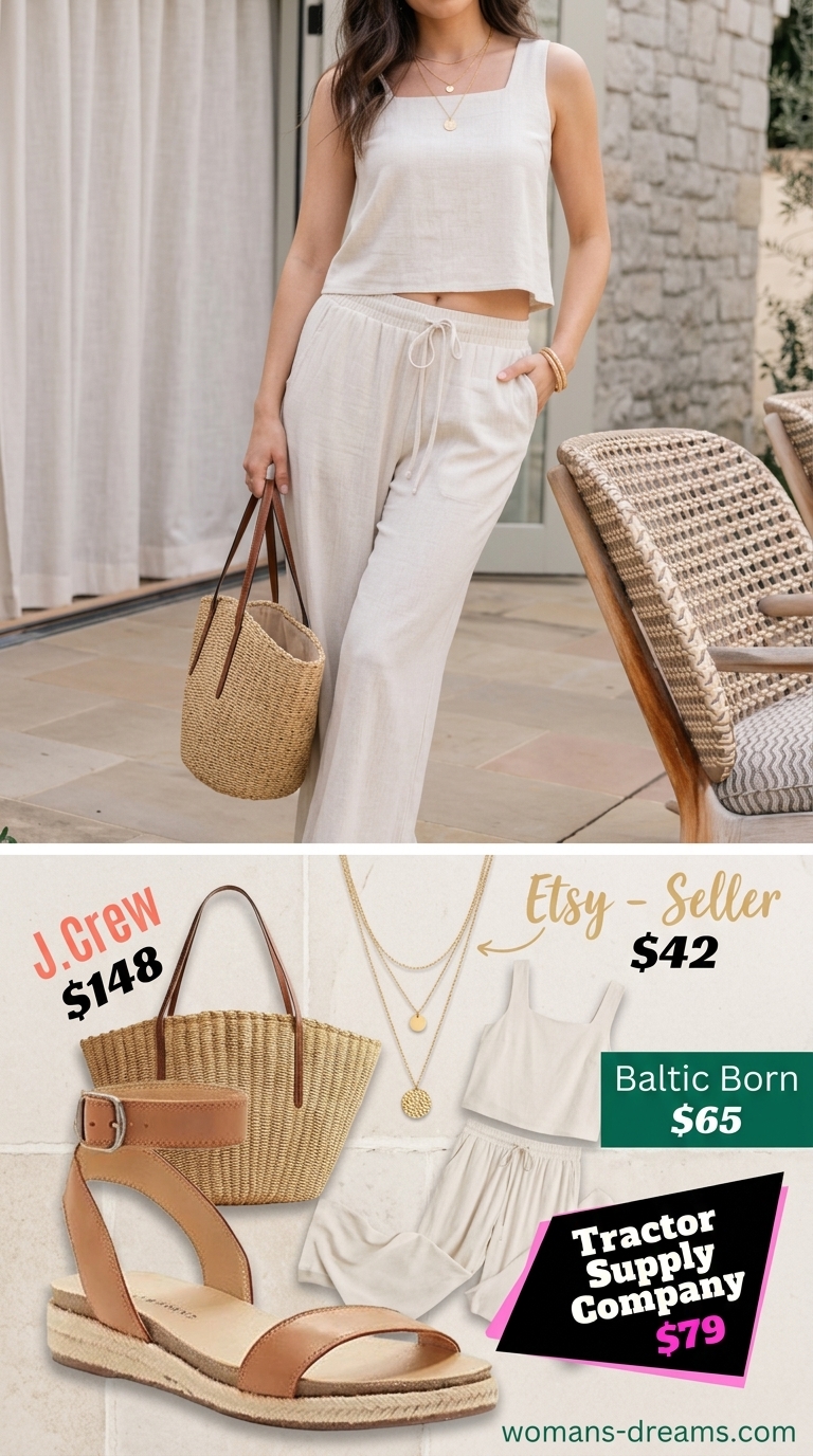 Effortless linen set: ivory cropped tank, wide-leg pants, tan espadrilles, and straw tote for women 2026.