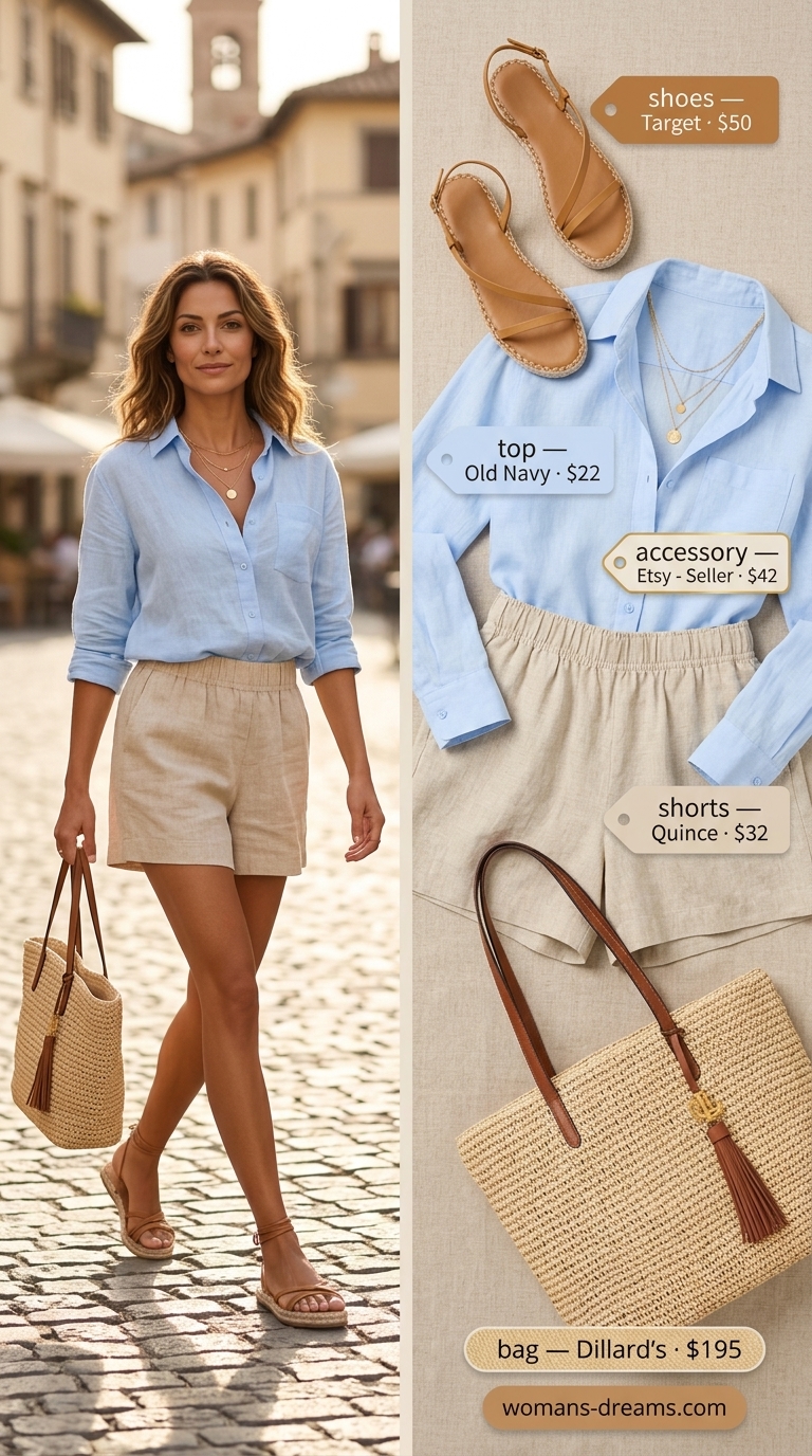 Summer outfits with espadrille sandals for women 2026: Linen shorts, blue shirt, straw tote, gold necklaces.