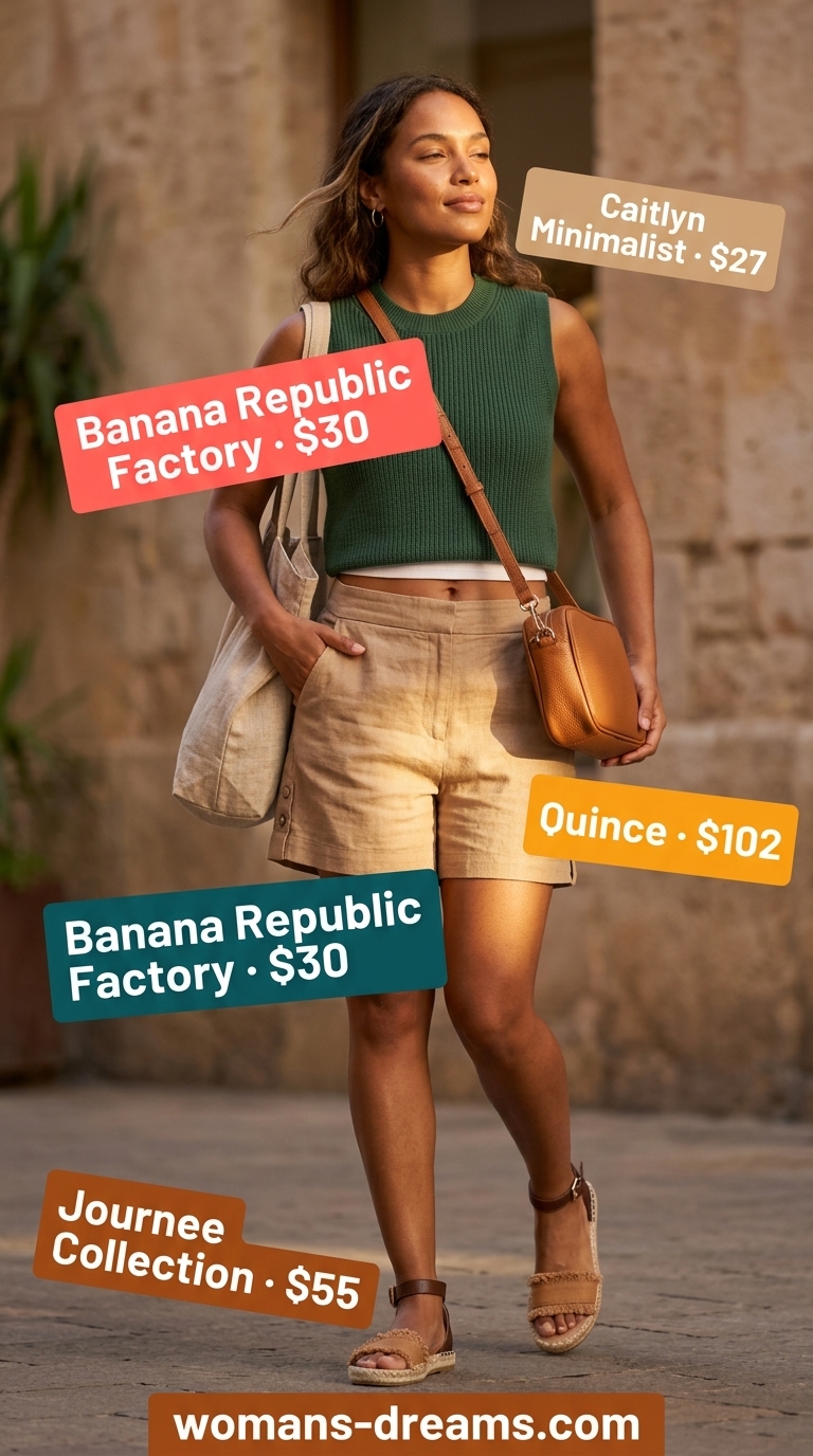 Chic vacation outfit: beige linen shorts, oversized white shirt, flat espadrilles, and crossbody bag for women 2026.