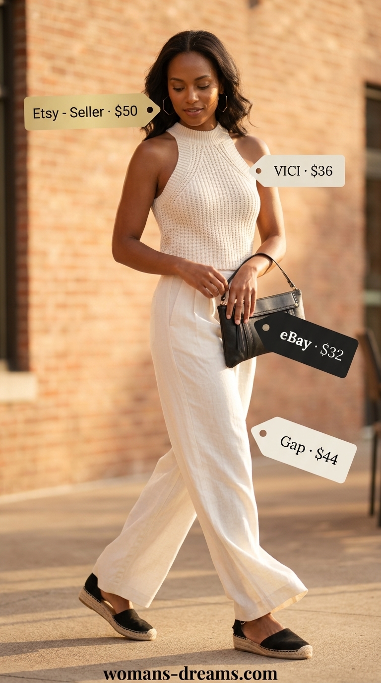 Sophisticated monochrome linen outfit: cream wide-leg pants, mock neck top, black espadrille wedges for women 2026.