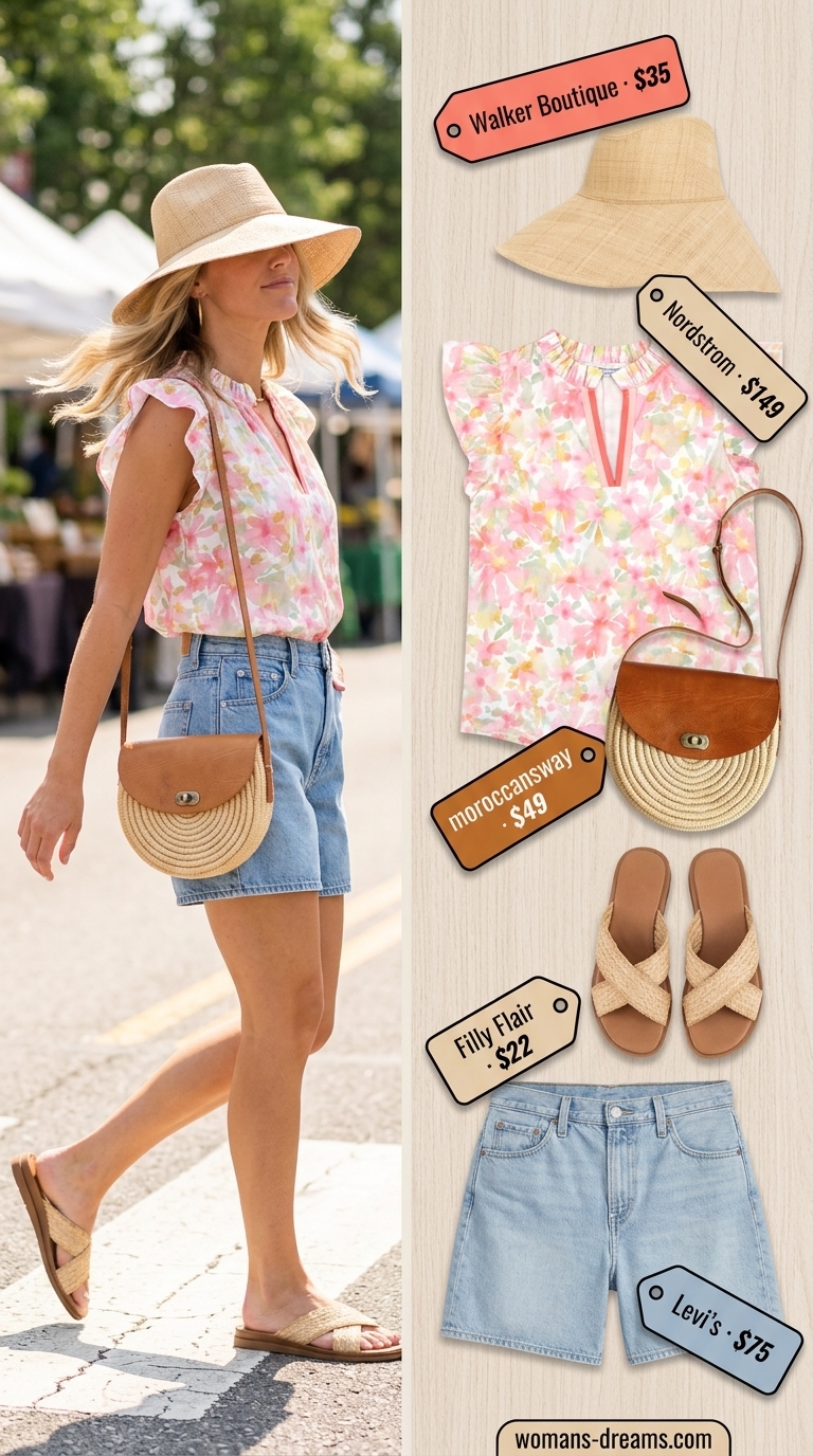Women's summer outfit: coral floral blouse, denim shorts, straw hat, and espadrille sandals for a market day.