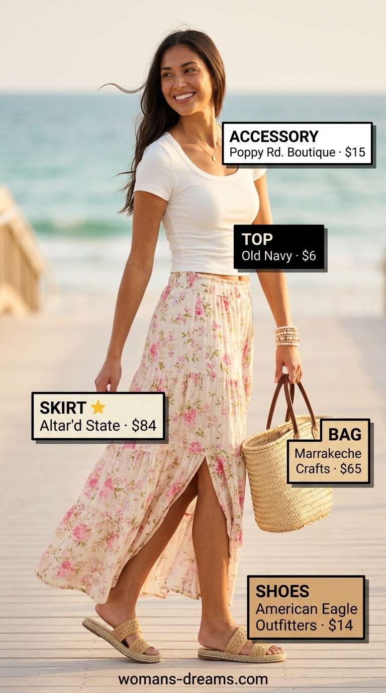 Boho maxi skirt outfit: floral skirt, white crop top, flat espadrilles, and woven tote for women 2026.