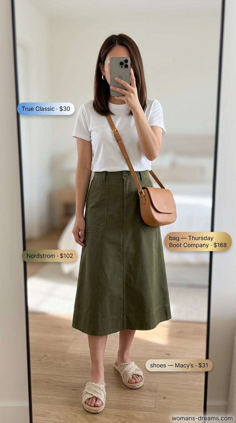 Summer outfits with espadrille sandals for women 2026: Olive skirt, white tee, tan crossbody bag, gold hoops.