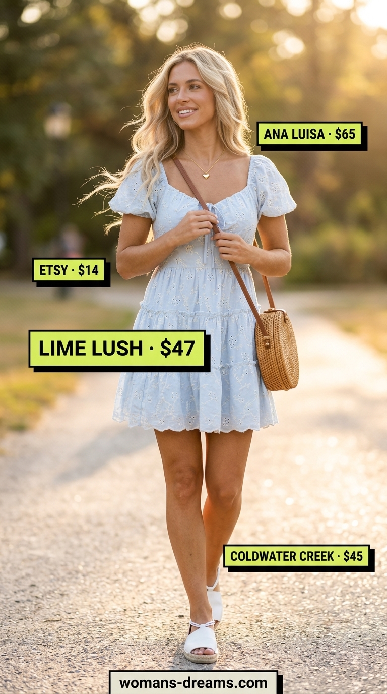 Sweet sundress outfit: pastel blue floral mini dress, white espadrilles, and straw basket bag for women 2026.