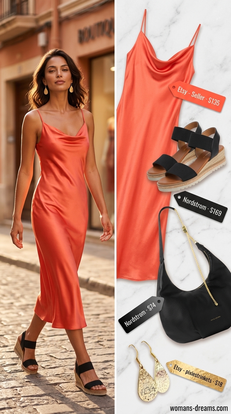 Mediterranean sunset coral satin slip dress with black espadrilles and gold earrings for summer outfits with espadrille sandals for women 2026.