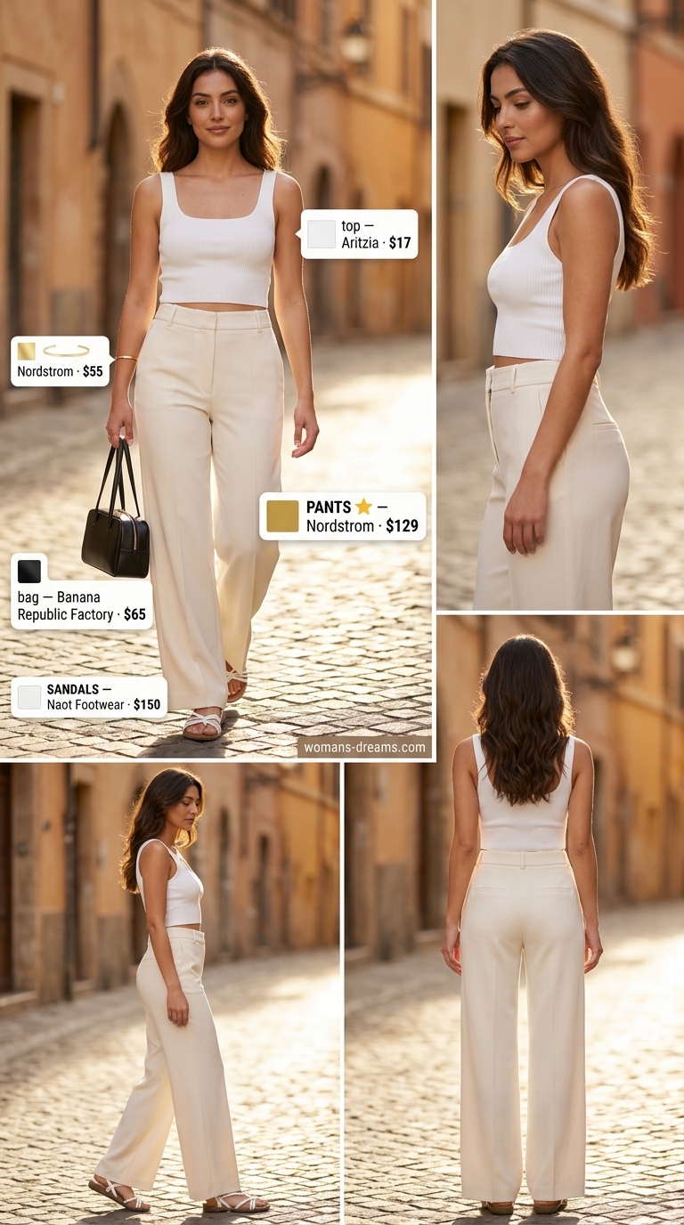 Chic khaki wide-leg pants with white crop top and black bag for summer outfits with espadrille sandals for women 2026.