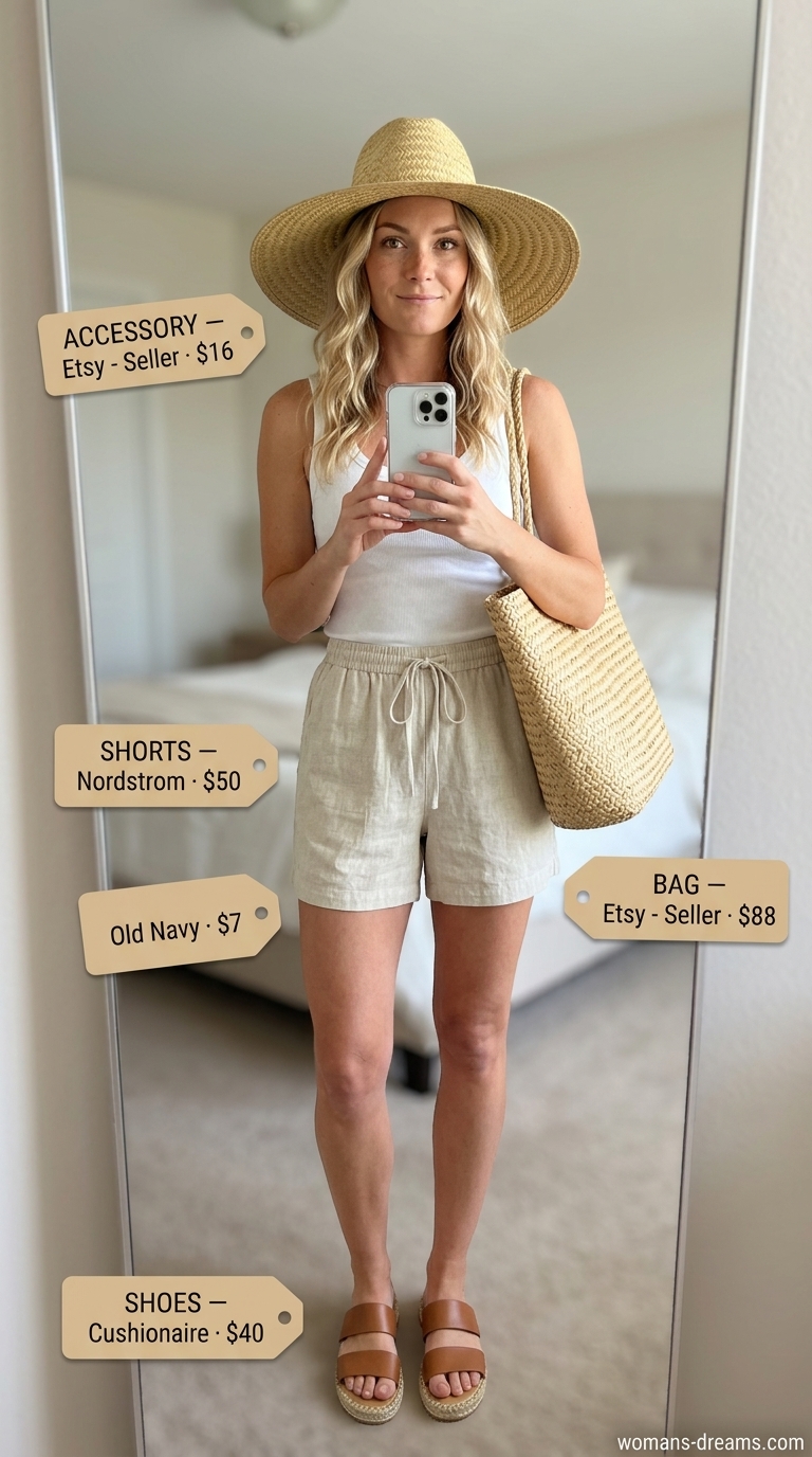 Casual beach day white tank top and linen shorts with tan espadrilles and straw hat for summer outfits with espadrille sandals for women 2026.