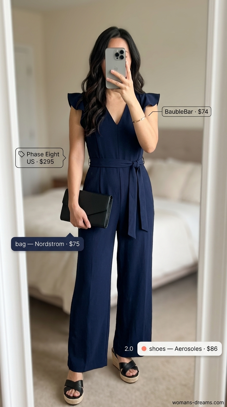 Elegant navy jumpsuit with gold accents and block heel espadrilles for summer outfits with espadrille sandals for women 2026.