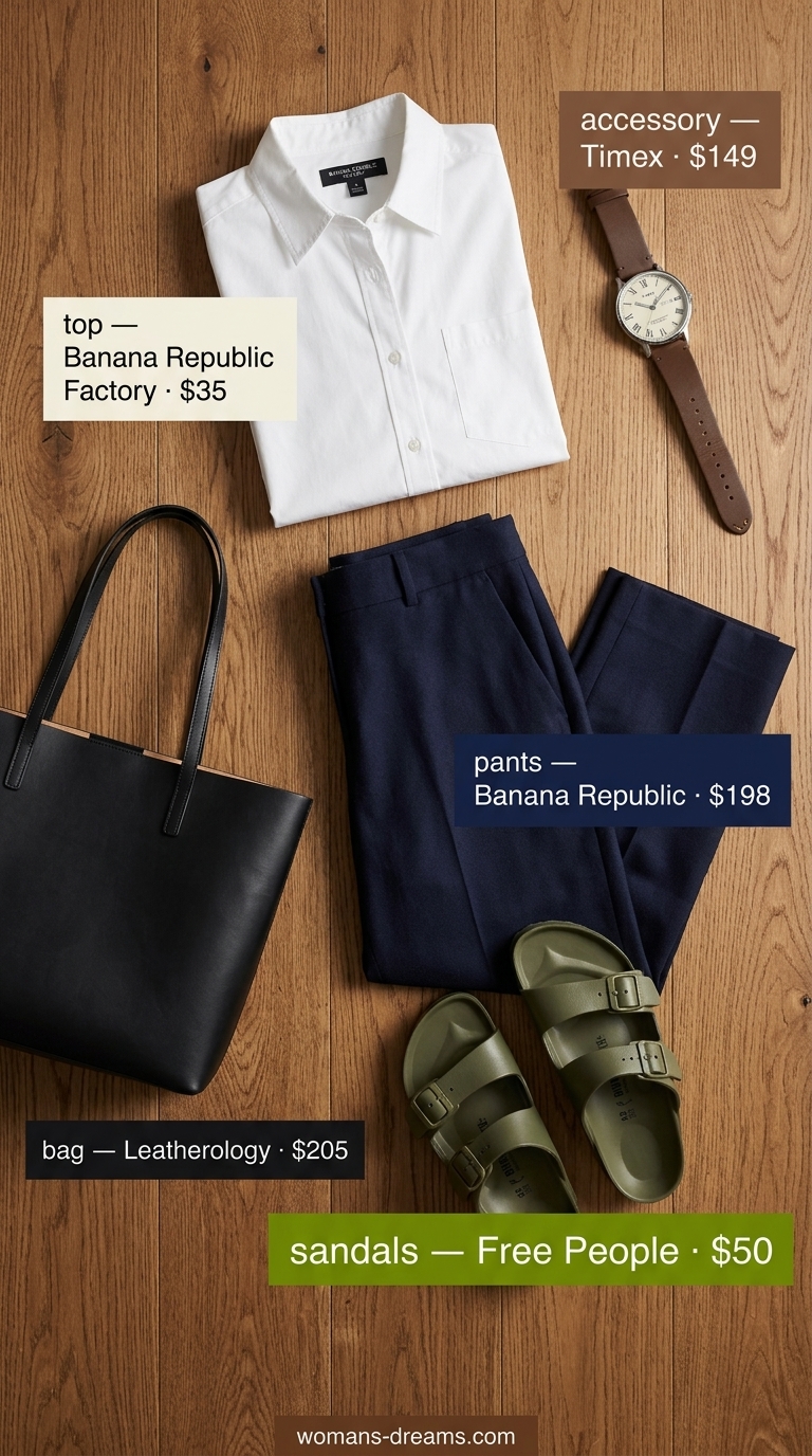 Chic city commute navy trousers with white shirt and leather tote for summer outfits with espadrille sandals for women 2026.