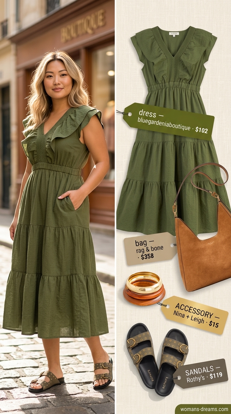 Bohemian olive green maxi dress with tiered design and peasant sleeves for summer outfits with espadrille sandals for women 2026.