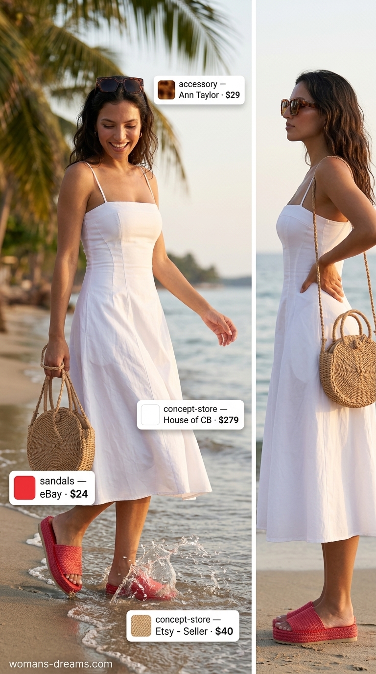 Poolside chic white sundress with red espadrille slides and straw bag for summer outfits with espadrille sandals for women 2026.