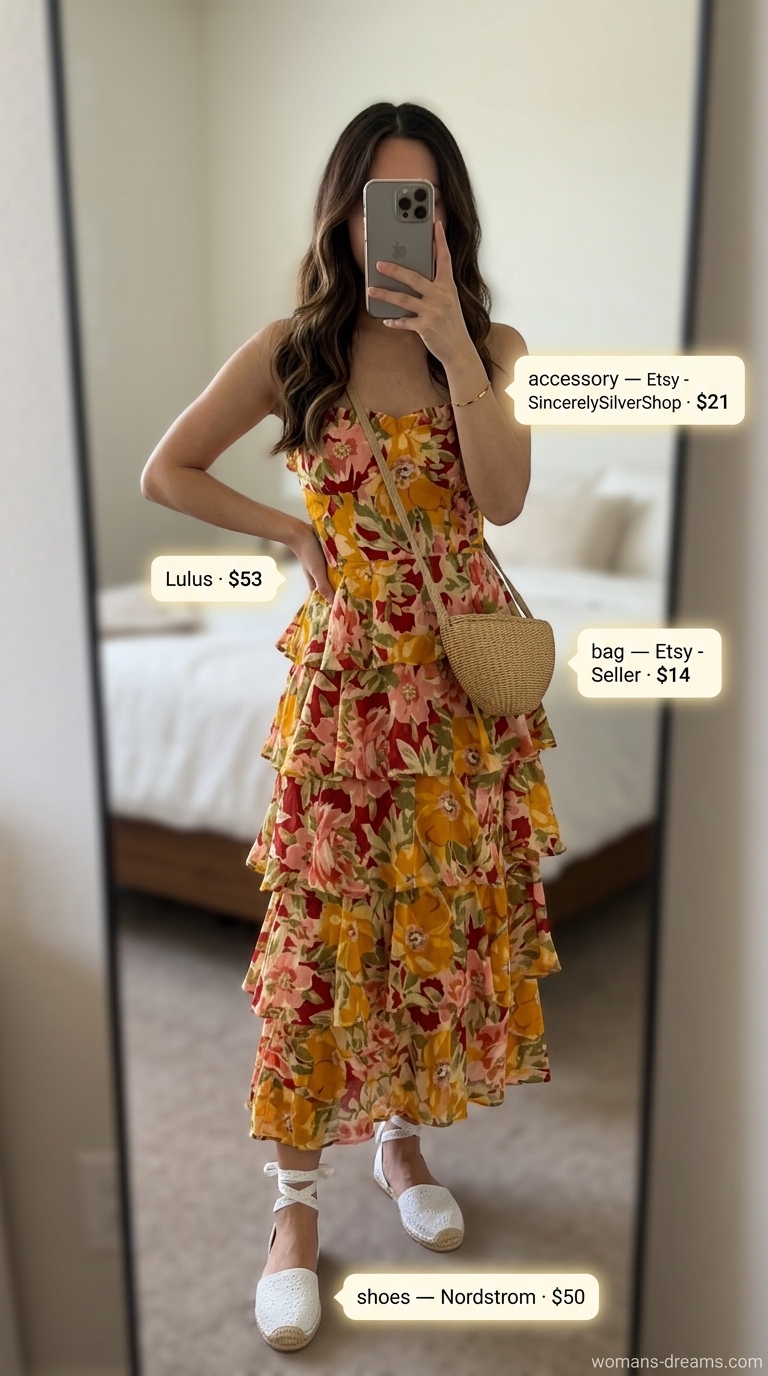 Picnic perfect pale yellow daisy sundress with flat espadrilles and straw bag for summer outfits with espadrille sandals for women 2026.