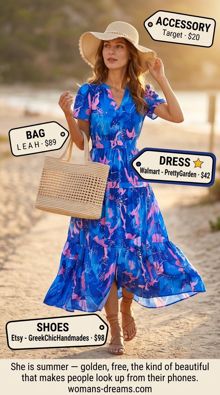 Summer outfits for women with auburn hair 2026: Multicolor floral maxi dress, straw hat, and sandals for beach days.