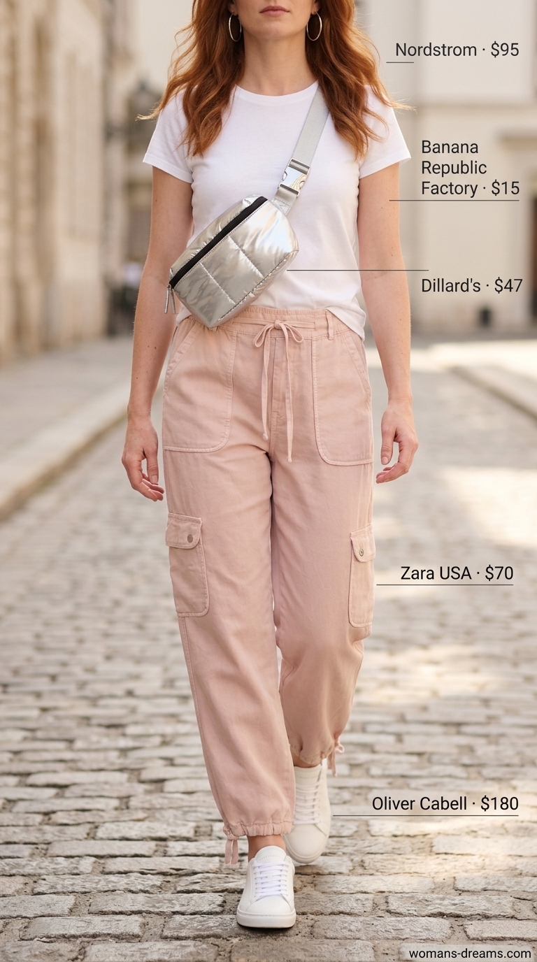 Summer outfits for women with auburn hair 2026: Blush pink cargo pants, white tee, silver belt bag & earrings.