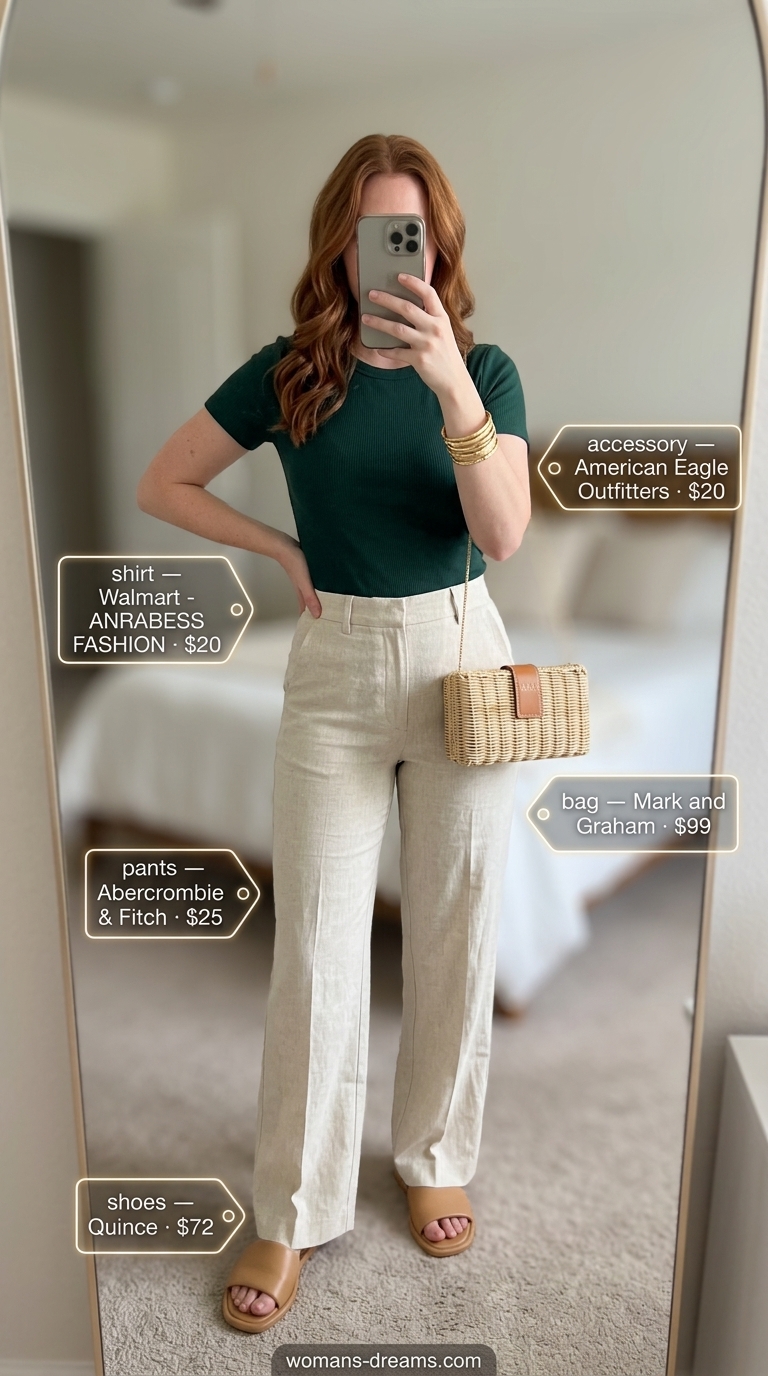 Summer outfits for women with auburn hair 2026: Cream linen pants, emerald knit top, tan slides, straw clutch.