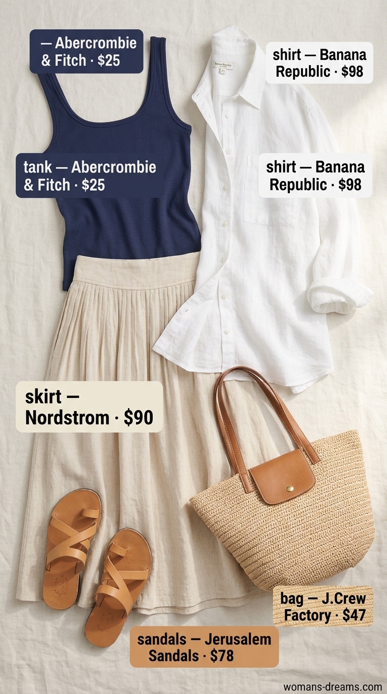 Summer outfits for women with auburn hair 2026: Cream linen skirt, navy tank, and white button-down for vacation.