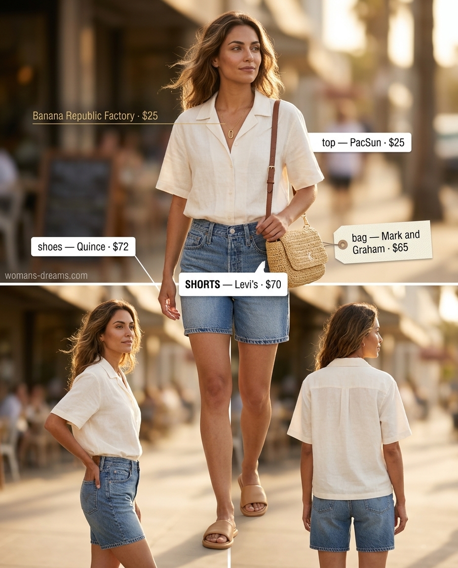 Summer outfits for women with auburn hair 2026: Denim shorts, linen shirt, gold necklace, straw bag & slides.