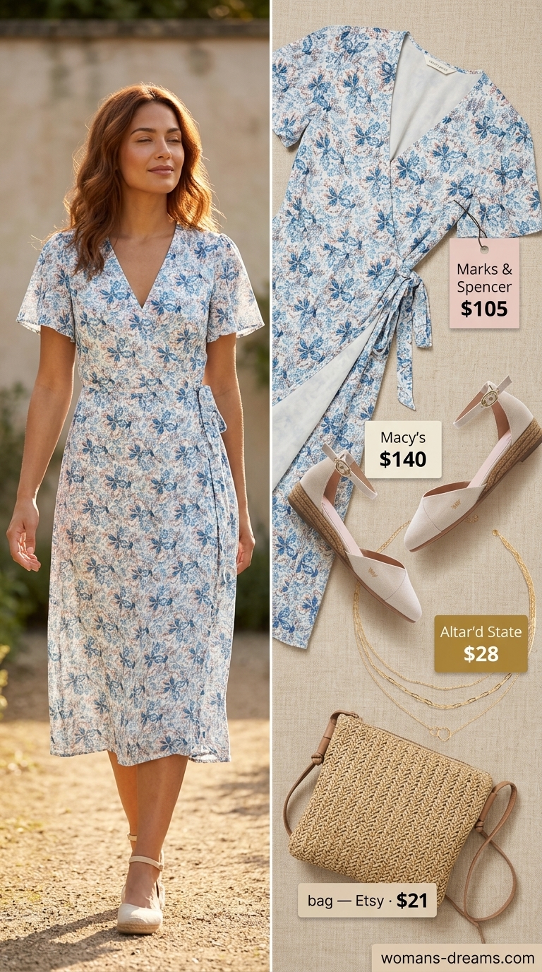 Summer outfits for women with auburn hair 2026: Pastel floral midi wrap dress, espadrilles, gold necklaces.