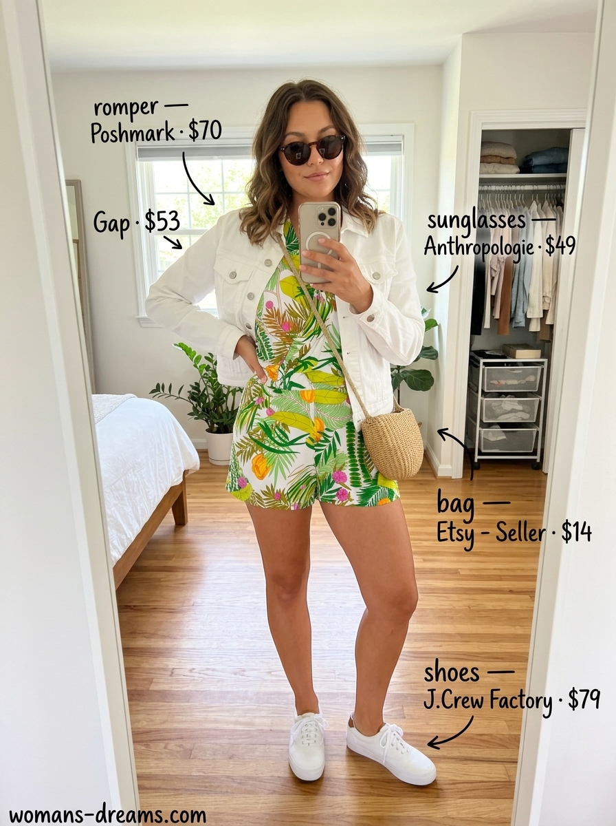 Summer outfits for women with auburn hair 2026: Playful floral romper, white denim jacket, canvas sneakers.