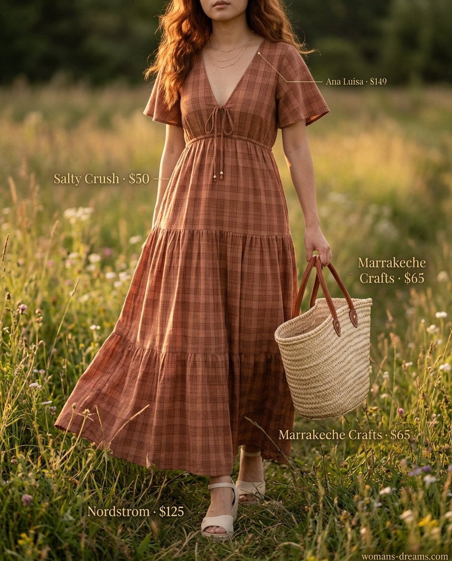 Summer outfits for women with auburn hair 2026: Terracotta maxi dress, espadrille wedges, and straw tote for garden parties.