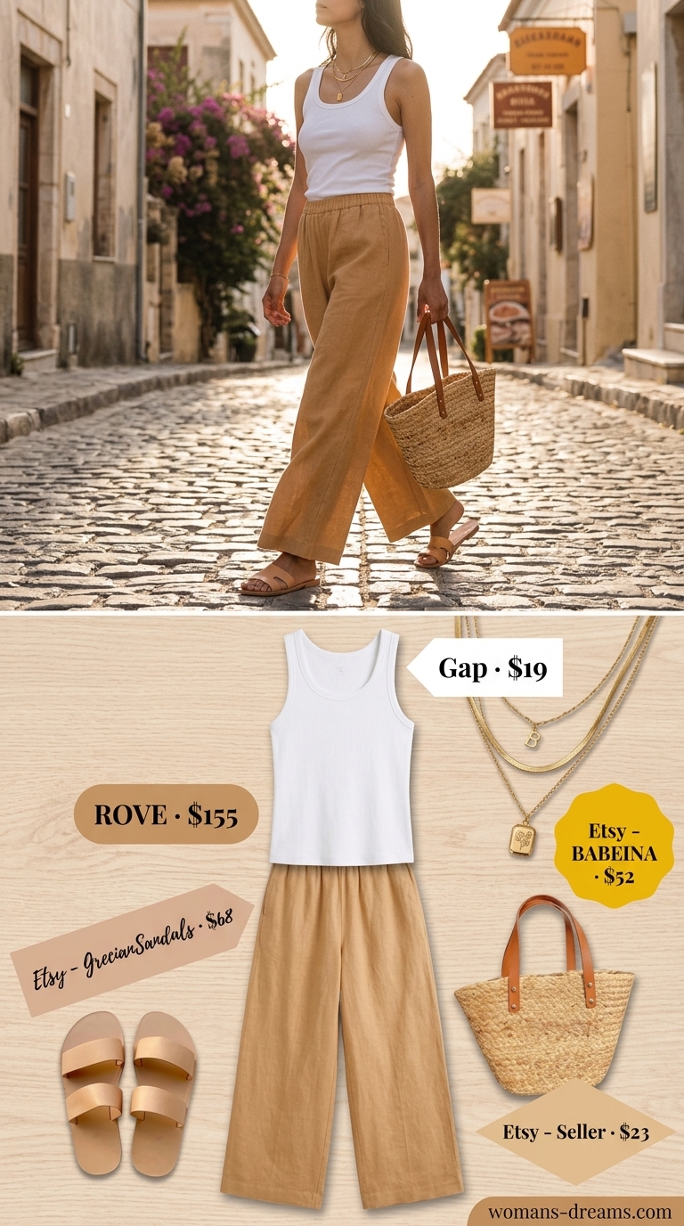 Summer outfits for women with auburn hair 2026: Camel linen pants, white tank, leather slides, straw tote.