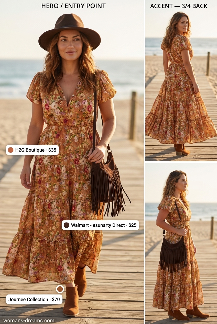 Summer outfits for women with auburn hair 2026: Terracotta print maxi dress, felt hat, suede boots & fringe bag.