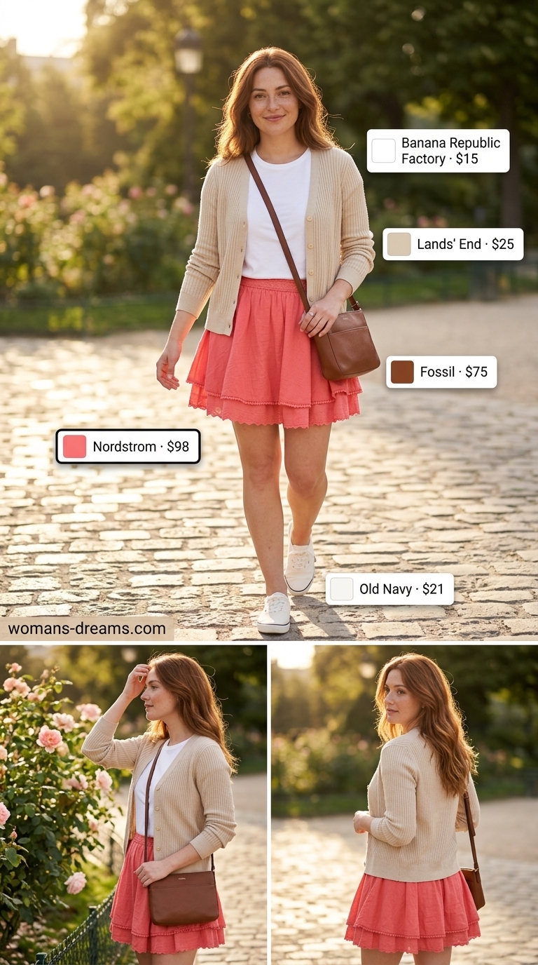 Summer outfits for women with auburn hair 2026: Coral pink mini skirt, white tee, cardigan, sneakers & crossbody.