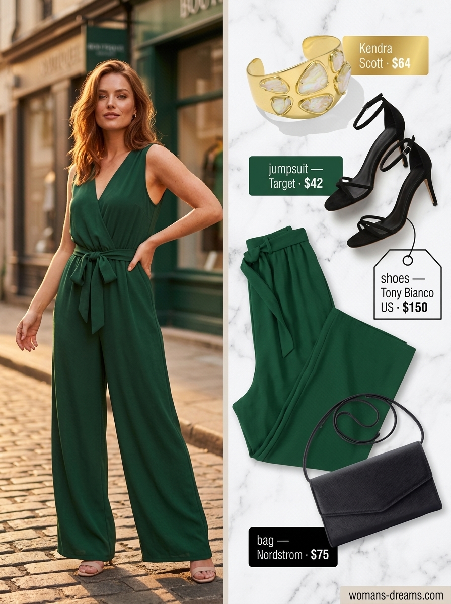 Summer outfits for women with auburn hair 2026: Olive wide-leg jumpsuit, black heels, gold cuff.