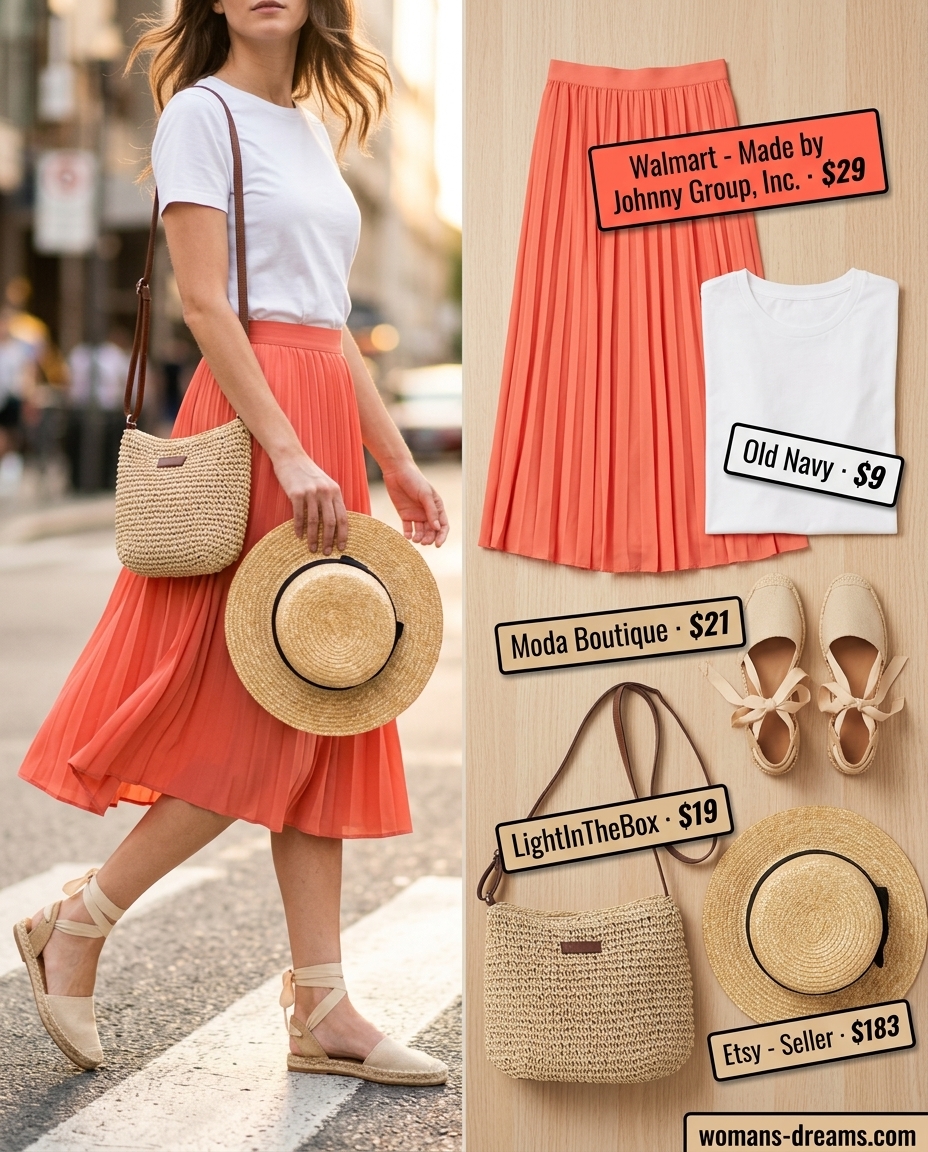 Summer outfits for women with auburn hair 2026: Coral pleated skirt, white tee, and espadrilles for a picnic.